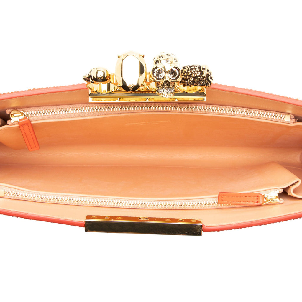 Alexander McQueen Satin Crystal Embellished Skull Four-Ring Flat Clutch