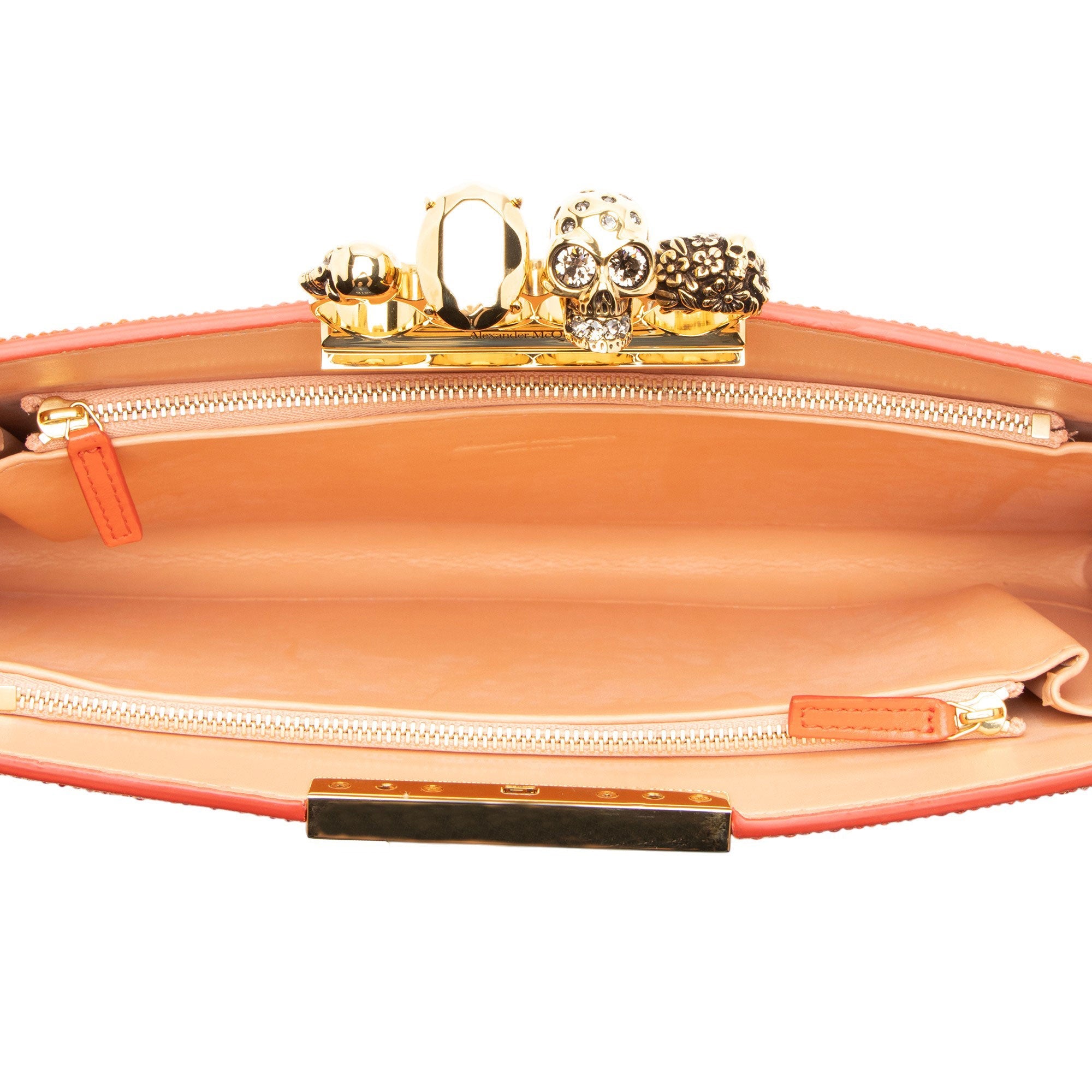 Alexander McQueen Satin Crystal Embellished Skull Four-Ring Flat Clutch