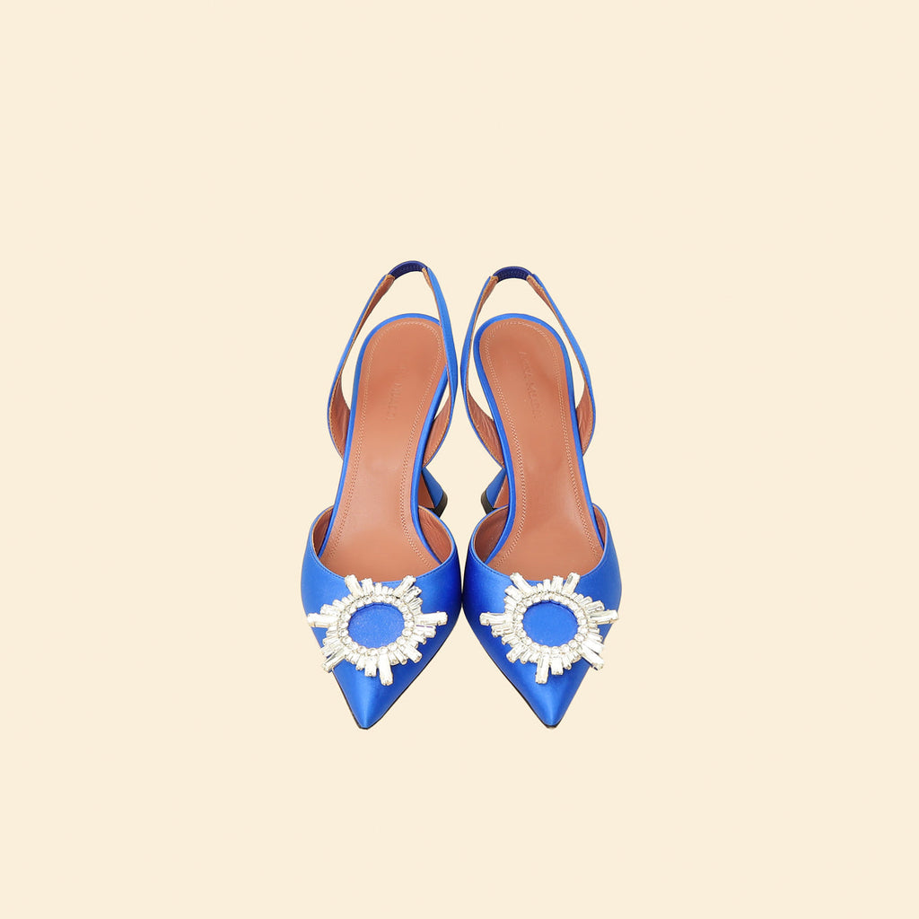 Amina Muaddi Electric Blue Satin Begum Crystal Slingback Pumps 38.5