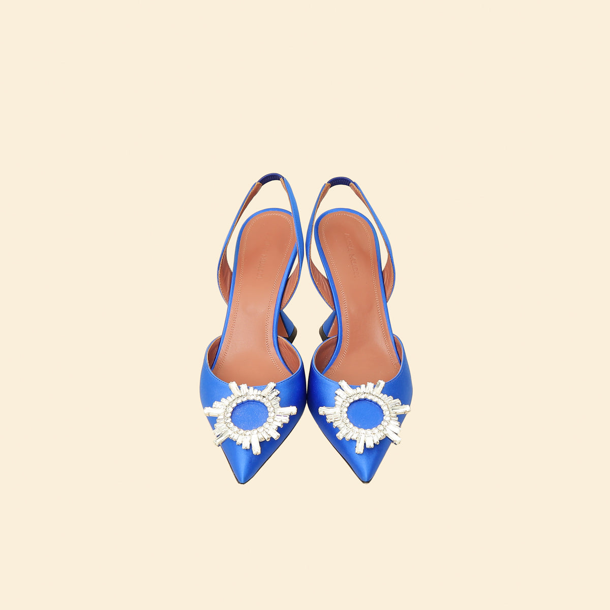 Amina Muaddi Electric Blue Satin Begum Crystal Slingback Pumps 38.5