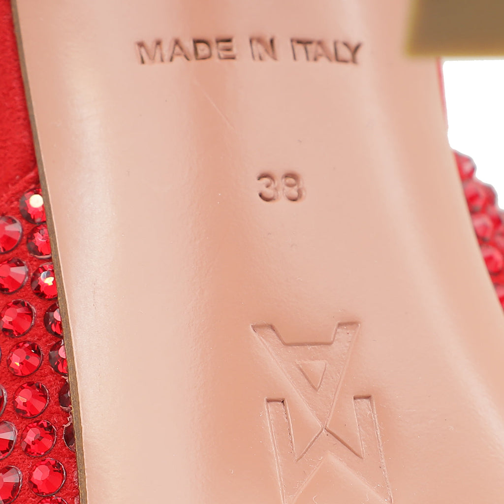 Amina Muaddi Red Caroline 95 Satin Crystal-Embellished Mules 38