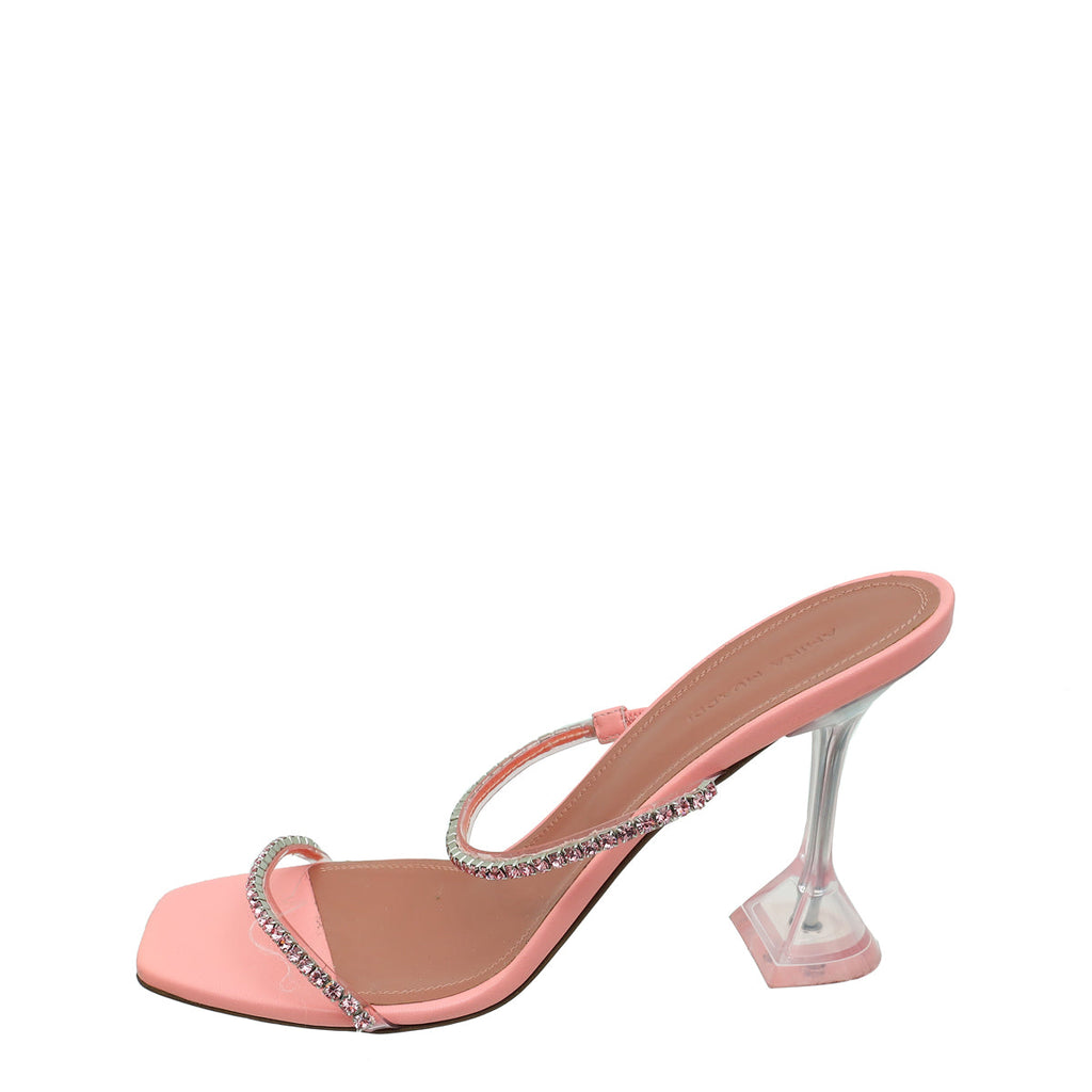 Amina Muaddi Pink Satin Gilda Crystal Sandal 39.5