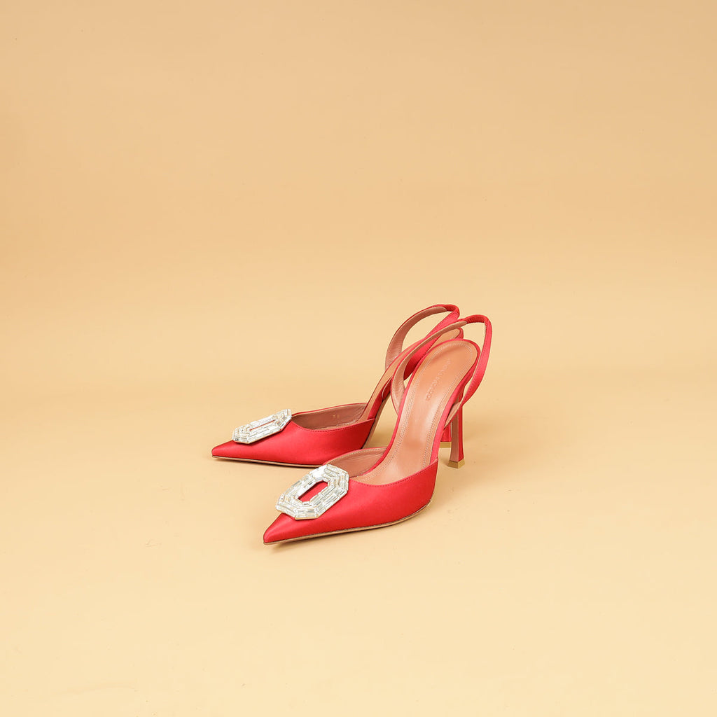 Amina Muaddi Roman Red Satin Camelia Sling 105 Pumps 38