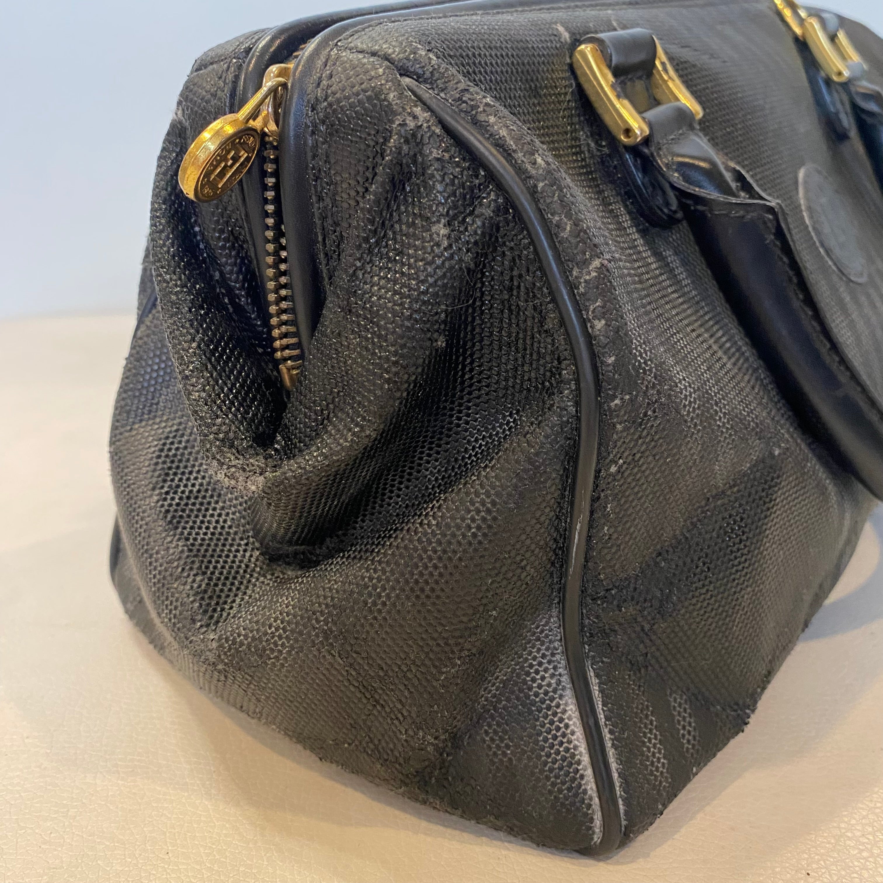 FENDI Vintage Black Striped Canvas Small Boston Handbag