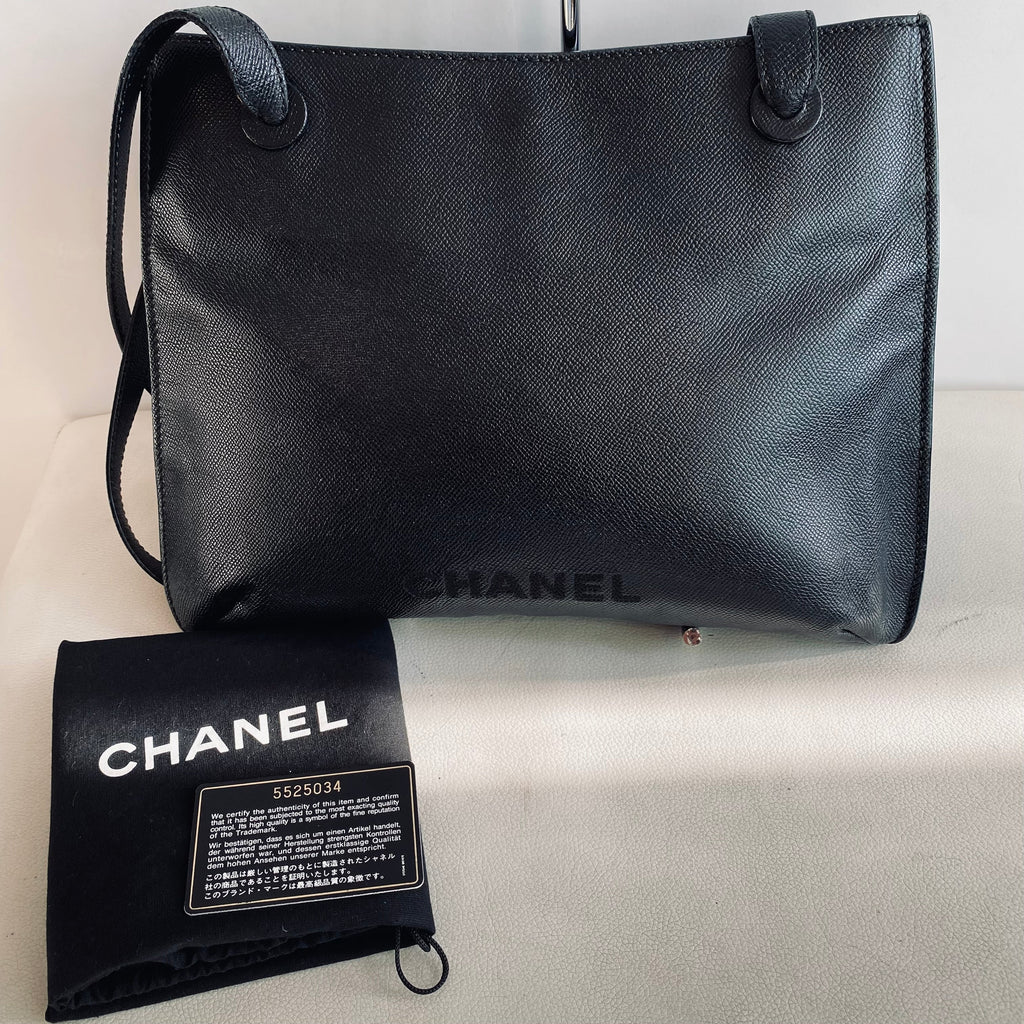 CHANEL Logo Caviar Black Leather Tote Shoulder Bag