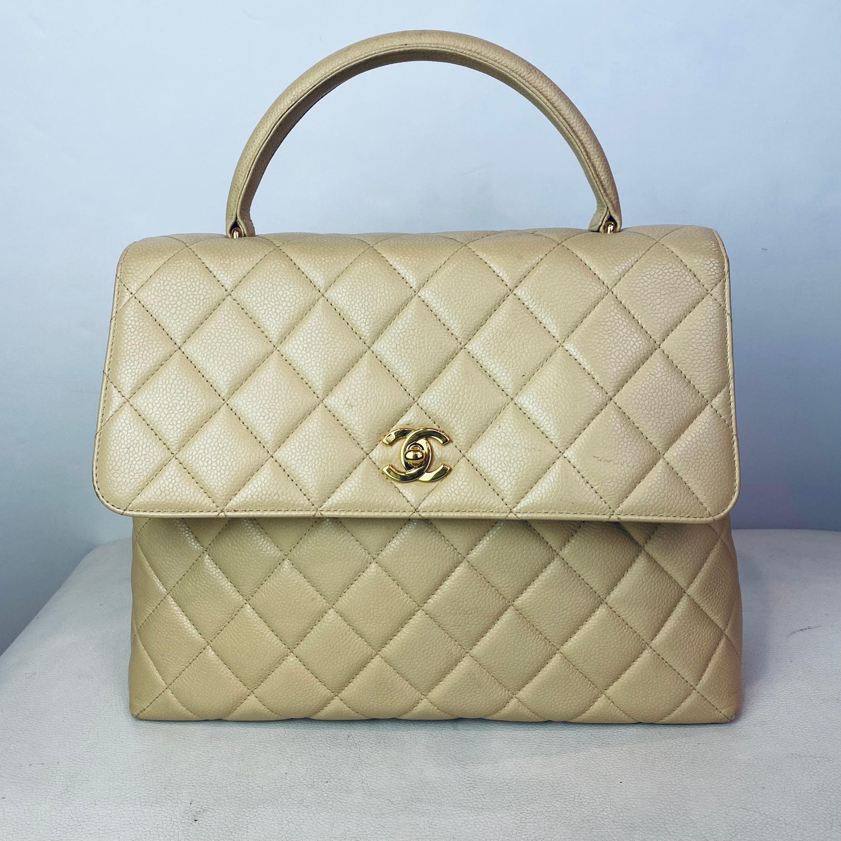 CHANEL “Kelly Bag” Top Handle Satchel Hand Bag Beige