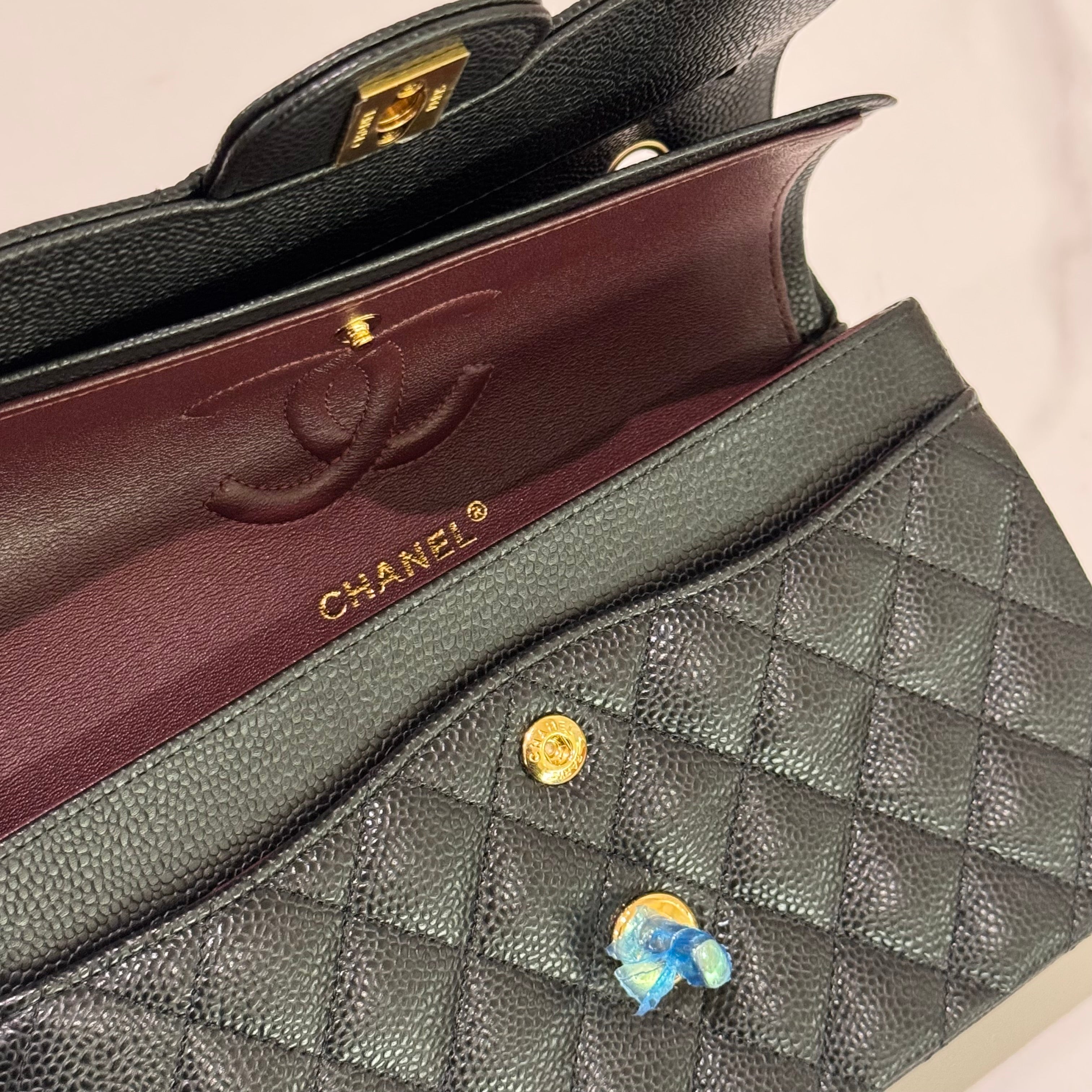 CHANEL CF SMALL BLACK CAVIAR LEATHER WITH GOLD HARDWARE – MICROCHIP MODEL