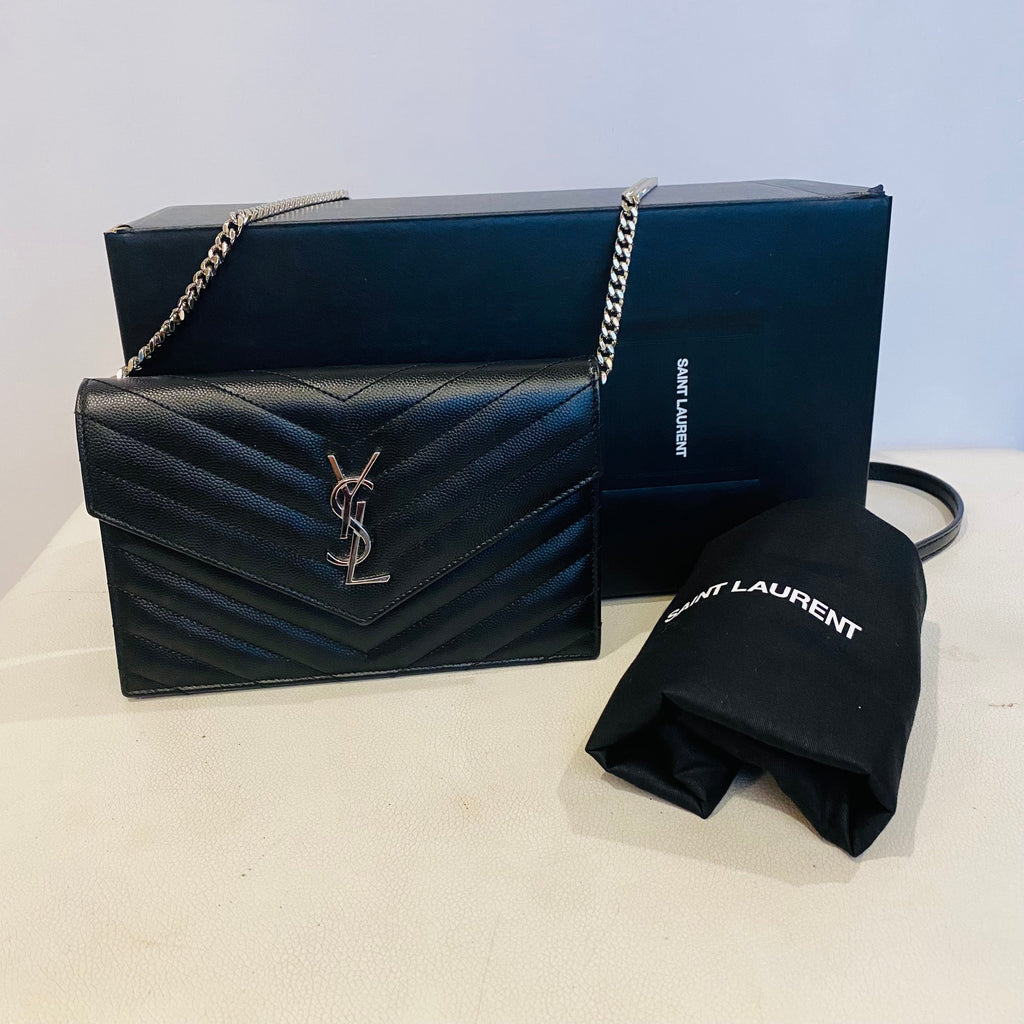 YSL Saint Laurent Monogramme Calfskin Leather Wallet on a Chain Handbag Black NWB