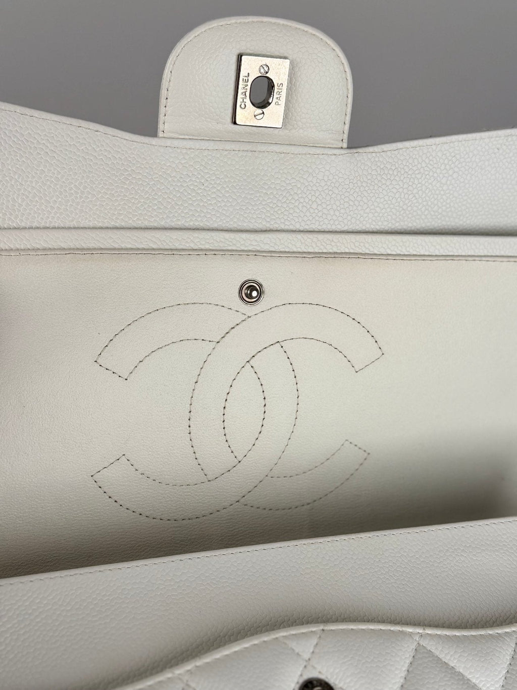Chanel White Jumbo Classic Double Flap Bag in Caviar Leather with Silver Hardware