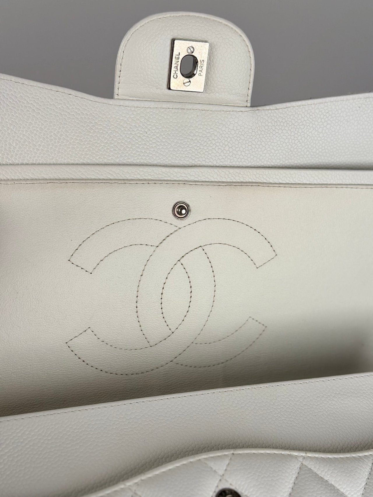 Chanel White Jumbo Classic Double Flap Bag in Caviar Leather with Silver Hardware
