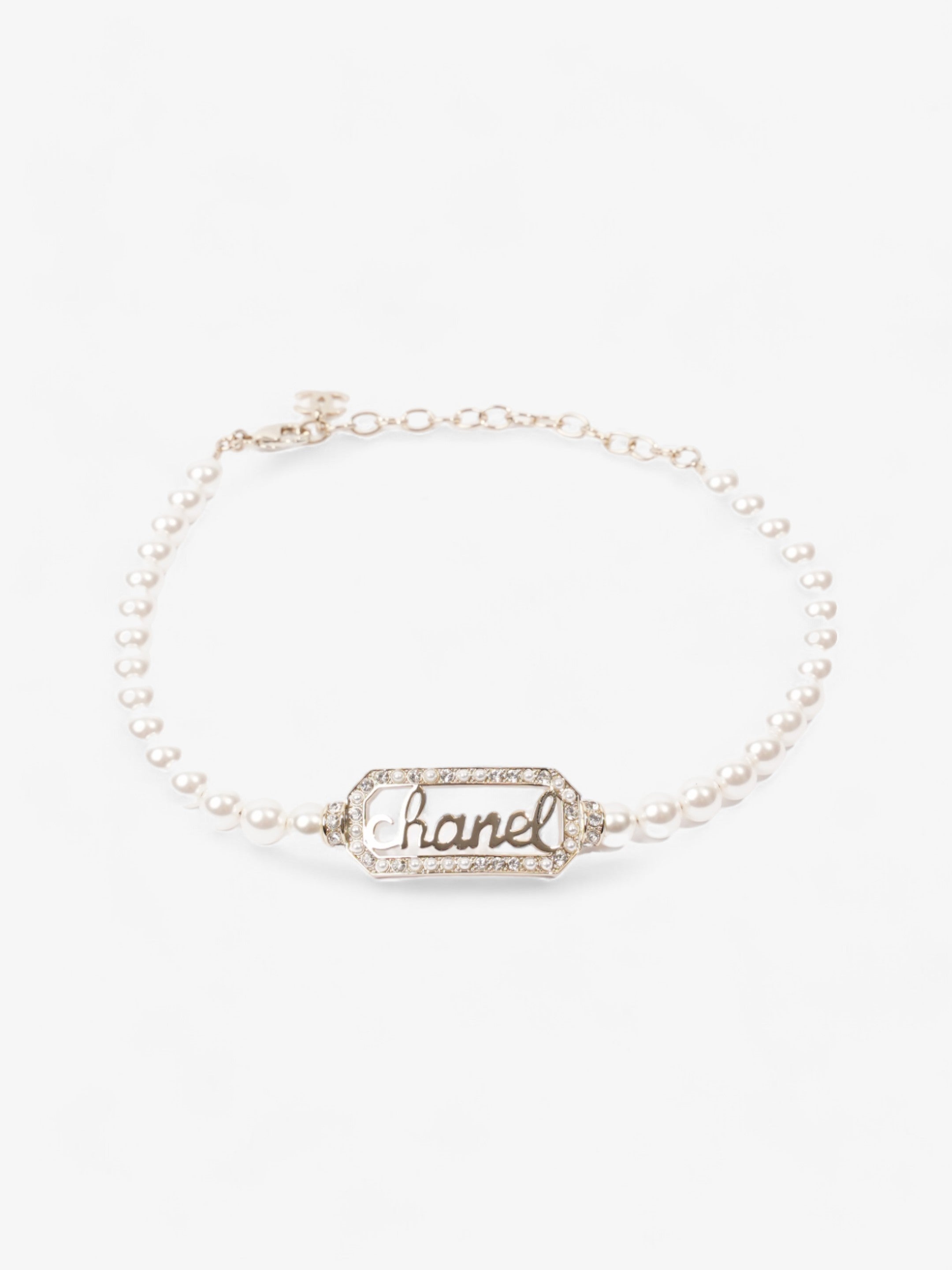 Chanel Logo Pearl Necklace Light Gold Base Metal