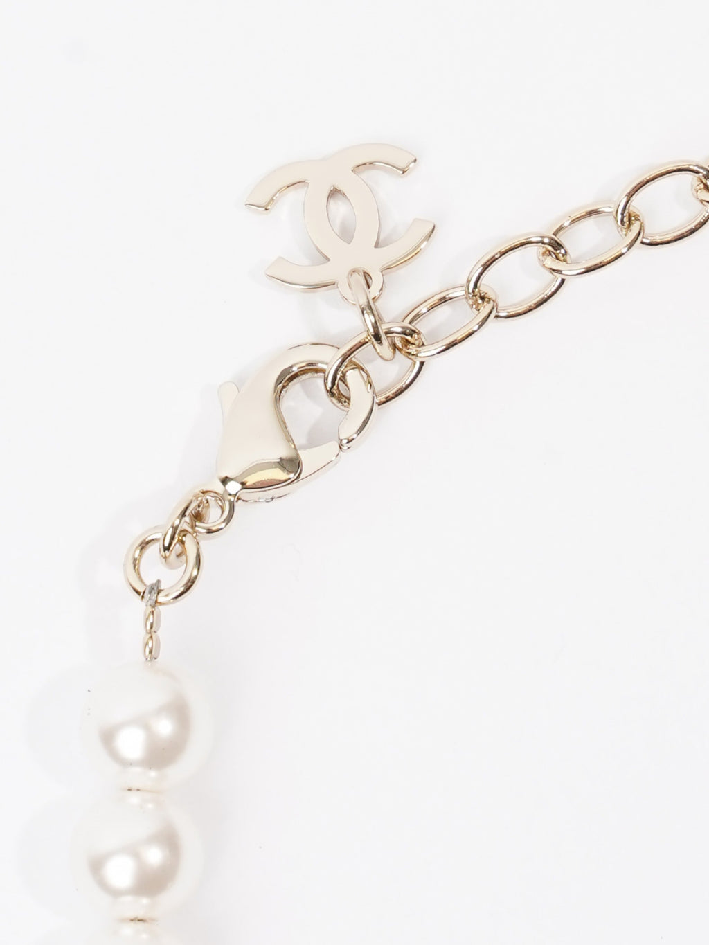 Chanel Logo Pearl Necklace Light Gold Base Metal