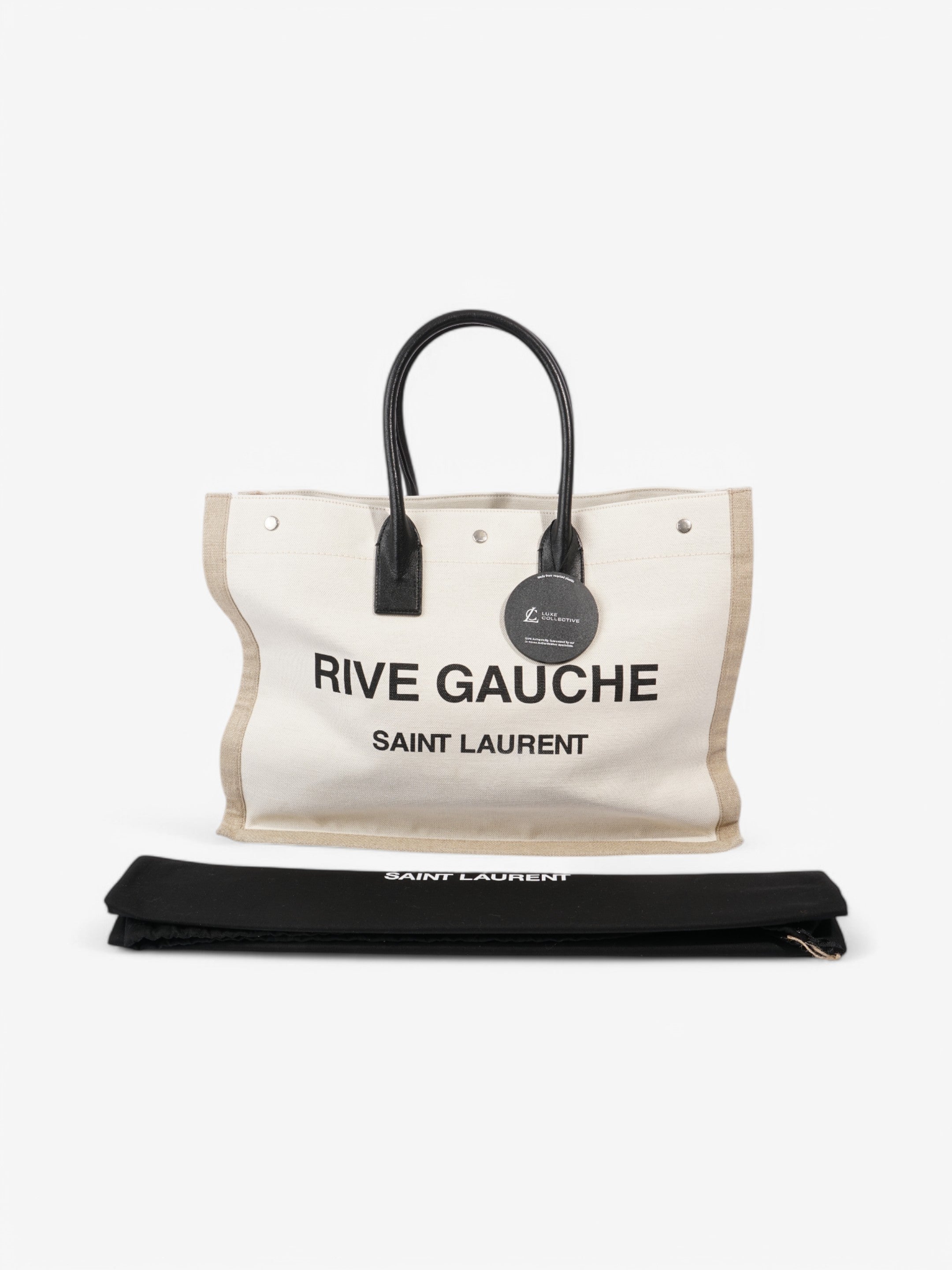 Saint Laurent Rive Gauche Tote White / Black / Greige Canvas Large