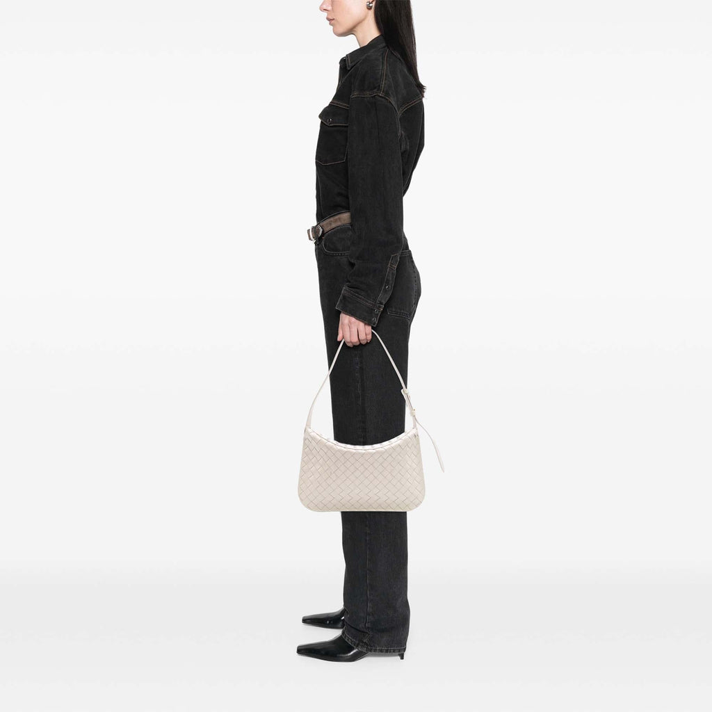 Bottega Veneta Brushed Calfskin Intrecciato Cradle Fold Over Shoulder Bag