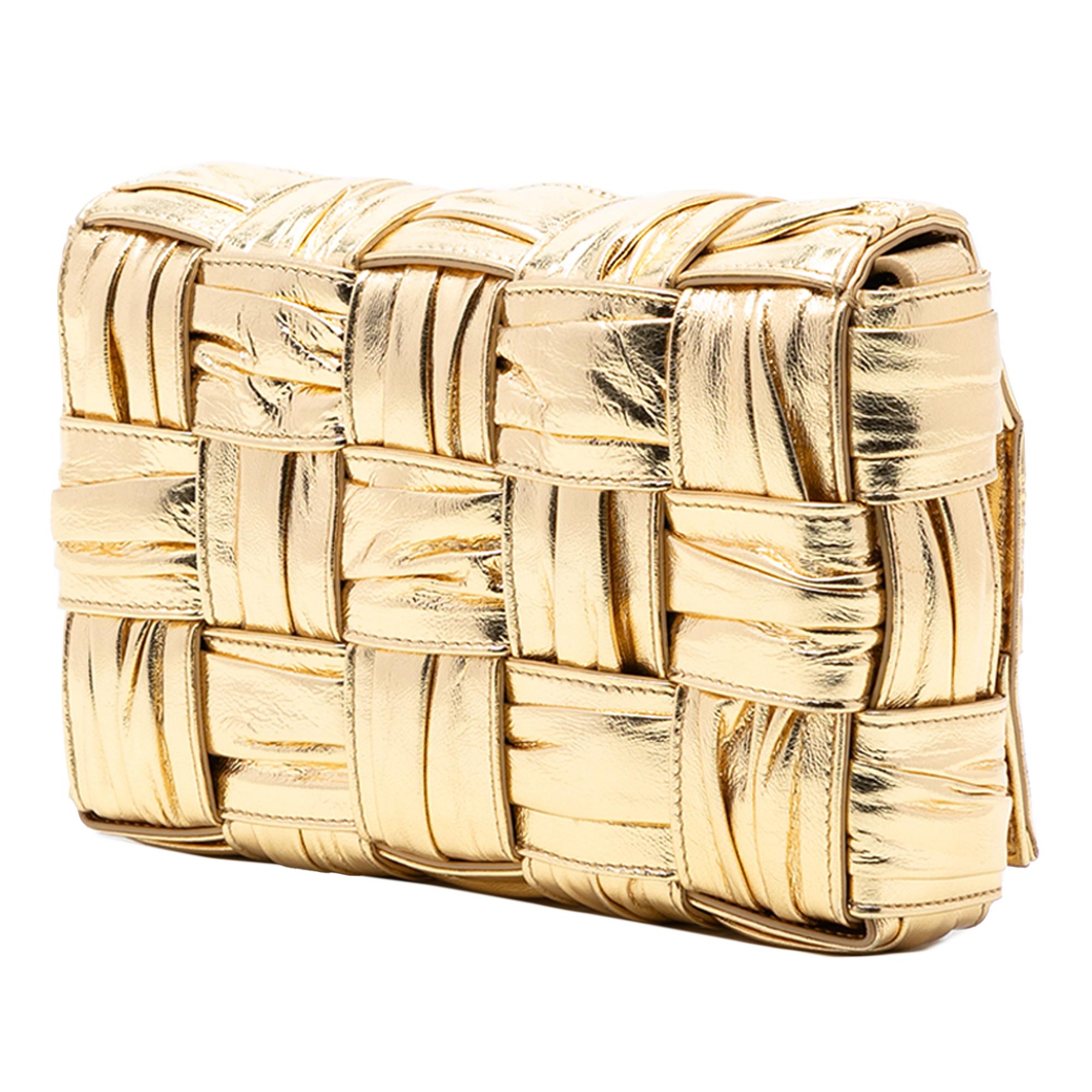 Bottega Veneta Metallic Calfskin Intreccio Plisse Cassette Crossbody