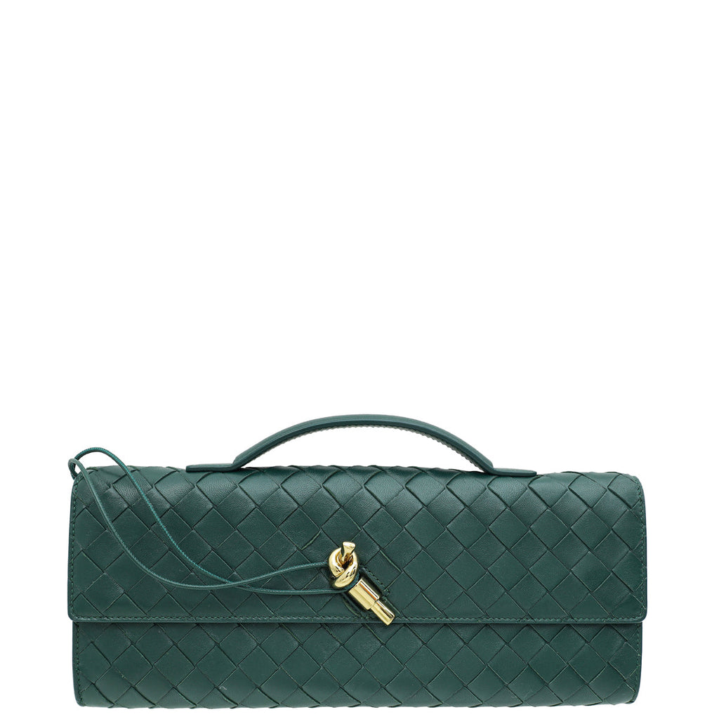 Bottega Veneta Emerald Green Intrecciato Nappa Long Andiamo Handle Clutch