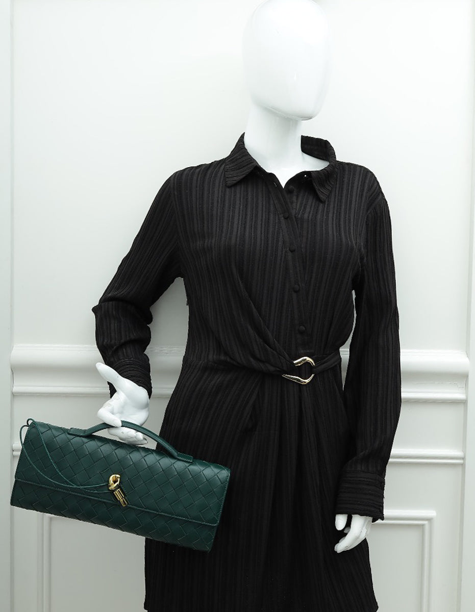 Bottega Veneta Emerald Green Intrecciato Nappa Long Andiamo Handle Clutch