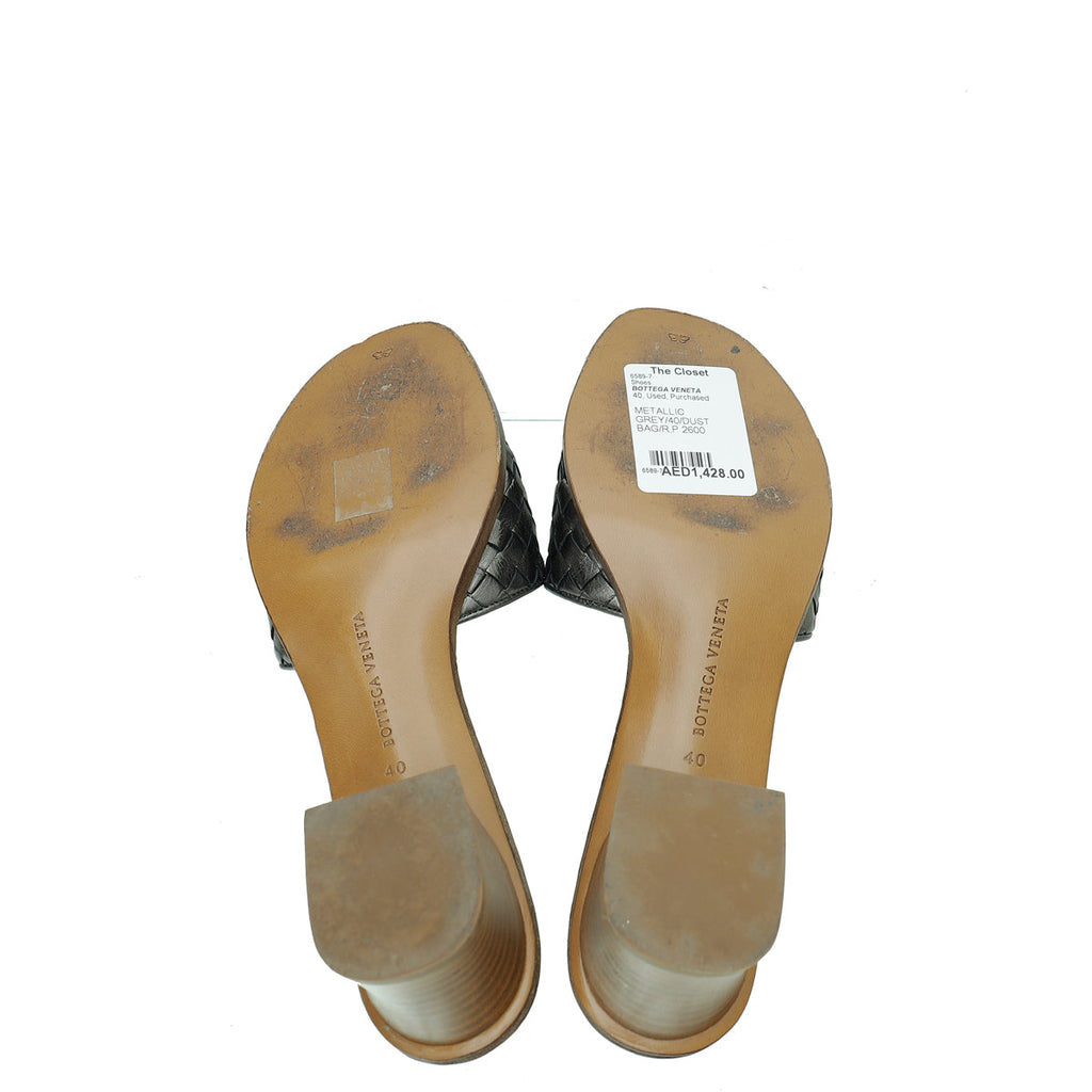 Bottega Veneta Metallic Grey Intrecciato Mules 40