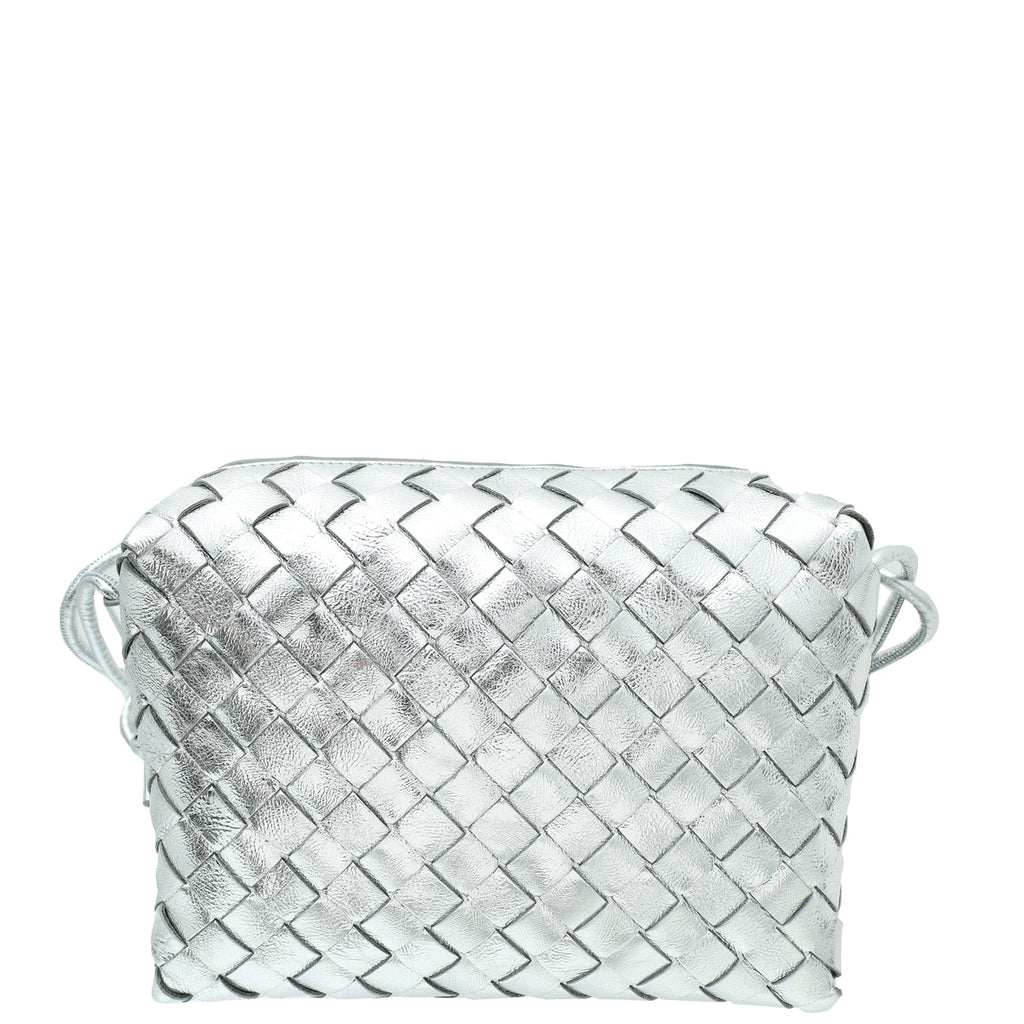 Bottega Veneta Metallic Silver Intrecciato Loop Crossbody Small Bag