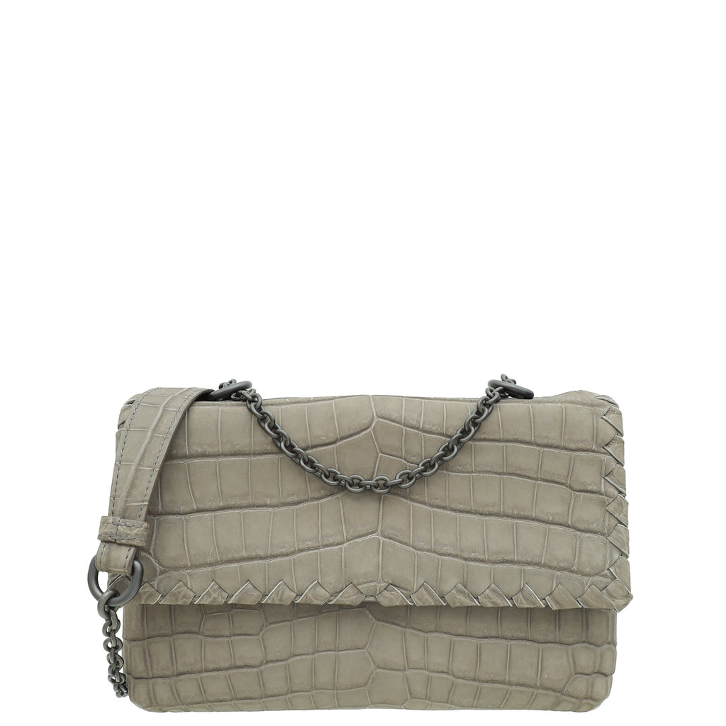 Bottega Veneta Matte Grey Crocodile Embossed Olimpia Crossbody Bag