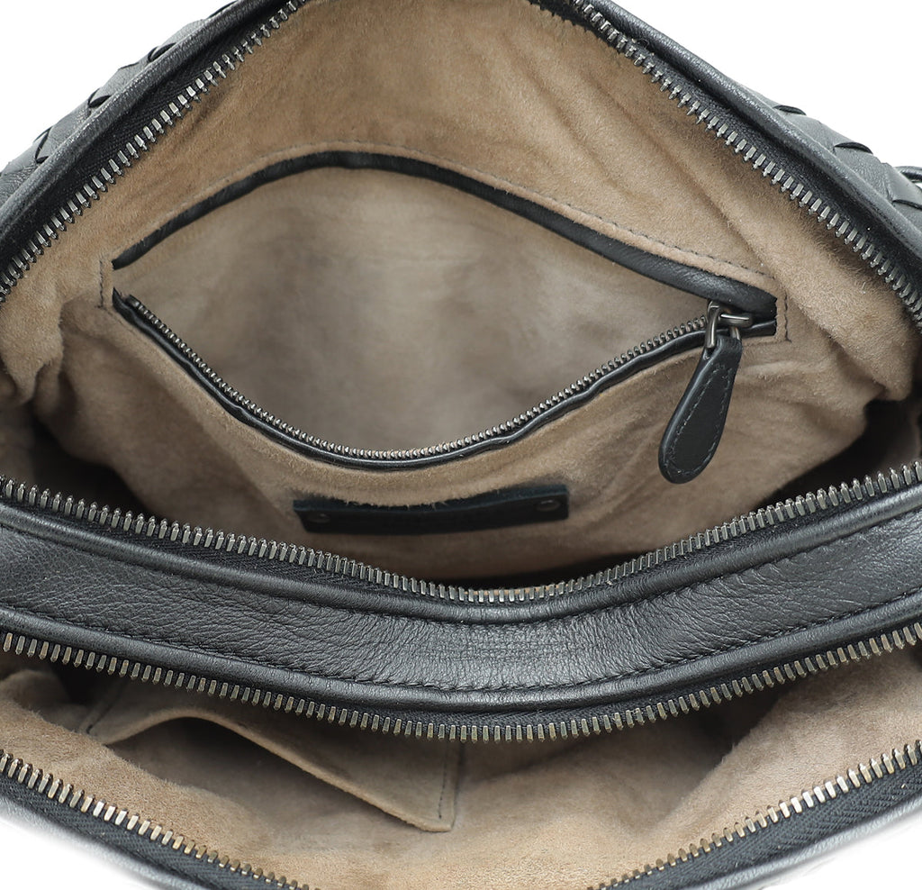 Bottega Veneta Black Intrecciato Nappa Nodini Double Zip Crossbody Bag
