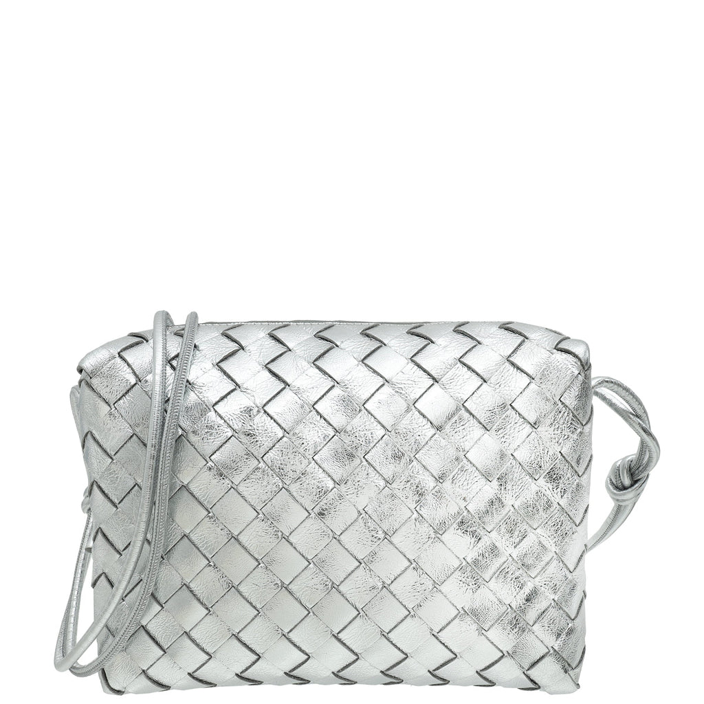 Bottega Veneta Metallic Silver Laminated Intrecciato Nappa Loop Small Camera Bag