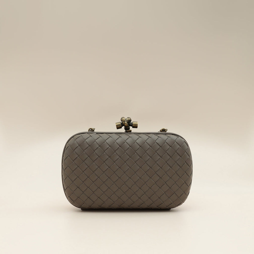 Bottega Veneta Greige Knot Intrecciato Chain Clutch Bag