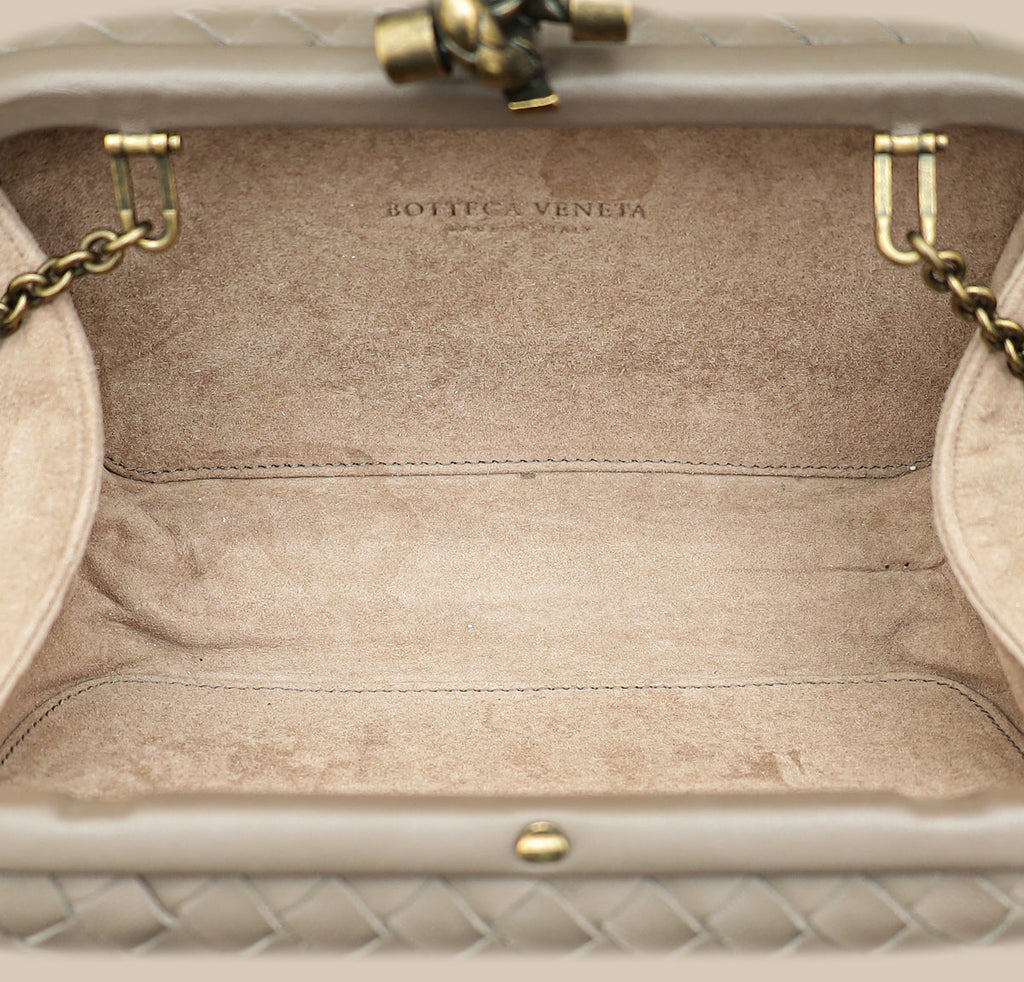 Bottega Veneta Greige Knot Intrecciato Chain Clutch Bag