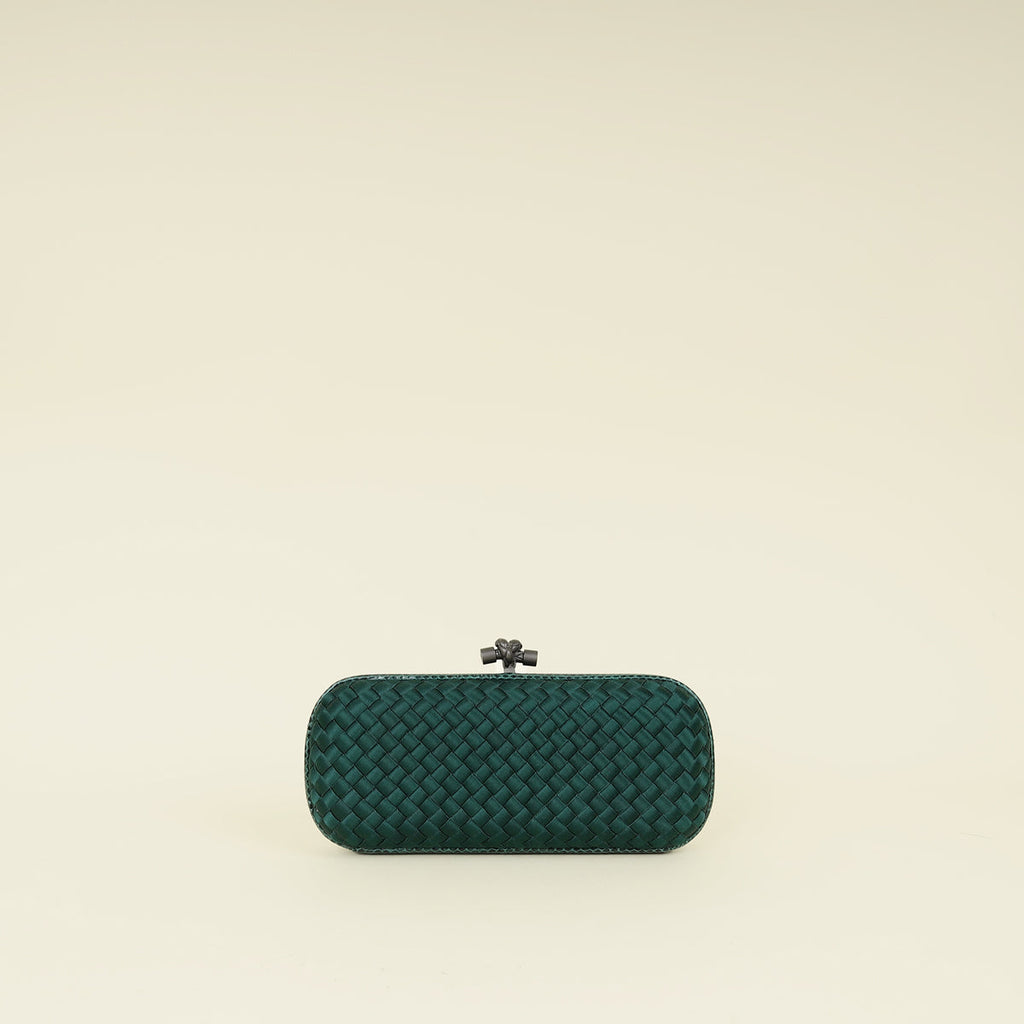 Bottega Veneta Emerald Green Intrecciato Satin Ayers Stretch Knot Clutch