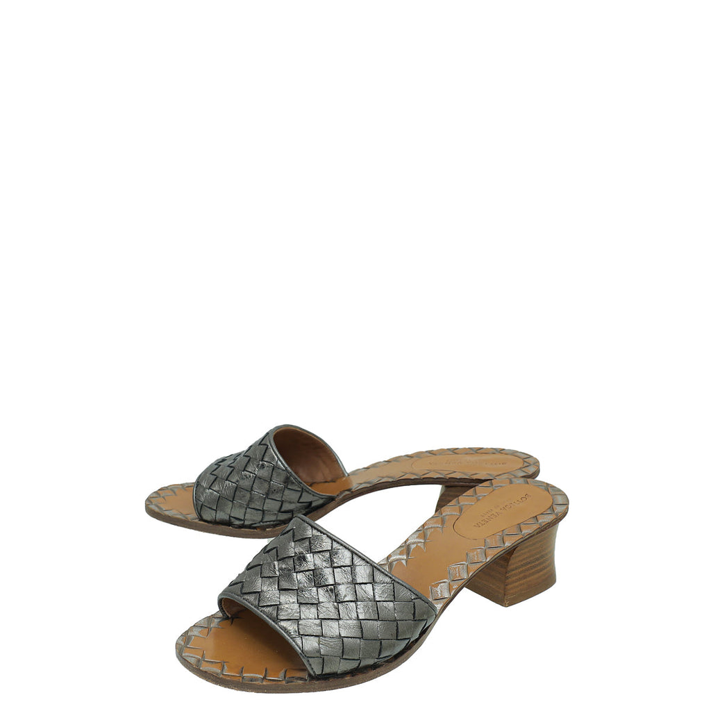 Bottega Veneta Metallic Grey Intrecciato Slide Mules 36
