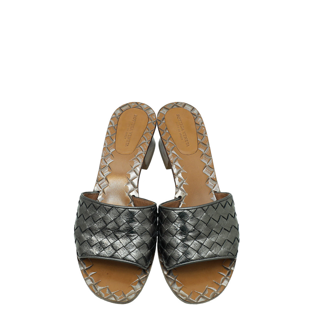 Bottega Veneta Metallic Grey Intrecciato Slide Mules 36