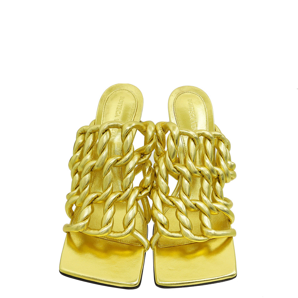 Bottega Veneta Gold Stretch 90 Woven Mule Sandals 38