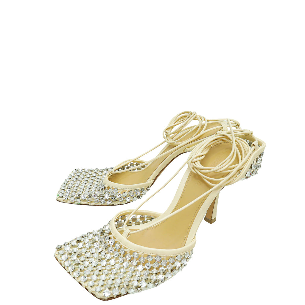 Bottega Veneta Toile Cream Sparkle Stretch Lace-Up Sandal 39