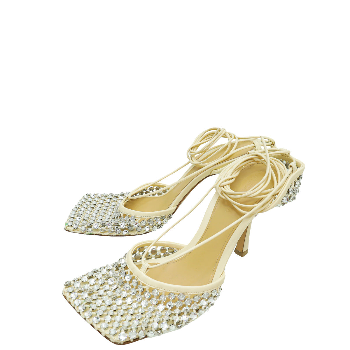 Bottega Veneta Toile Cream Sparkle Stretch Lace-Up Sandal 39