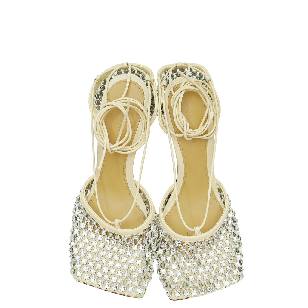 Bottega Veneta Toile Cream Sparkle Stretch Lace-Up Sandal 39