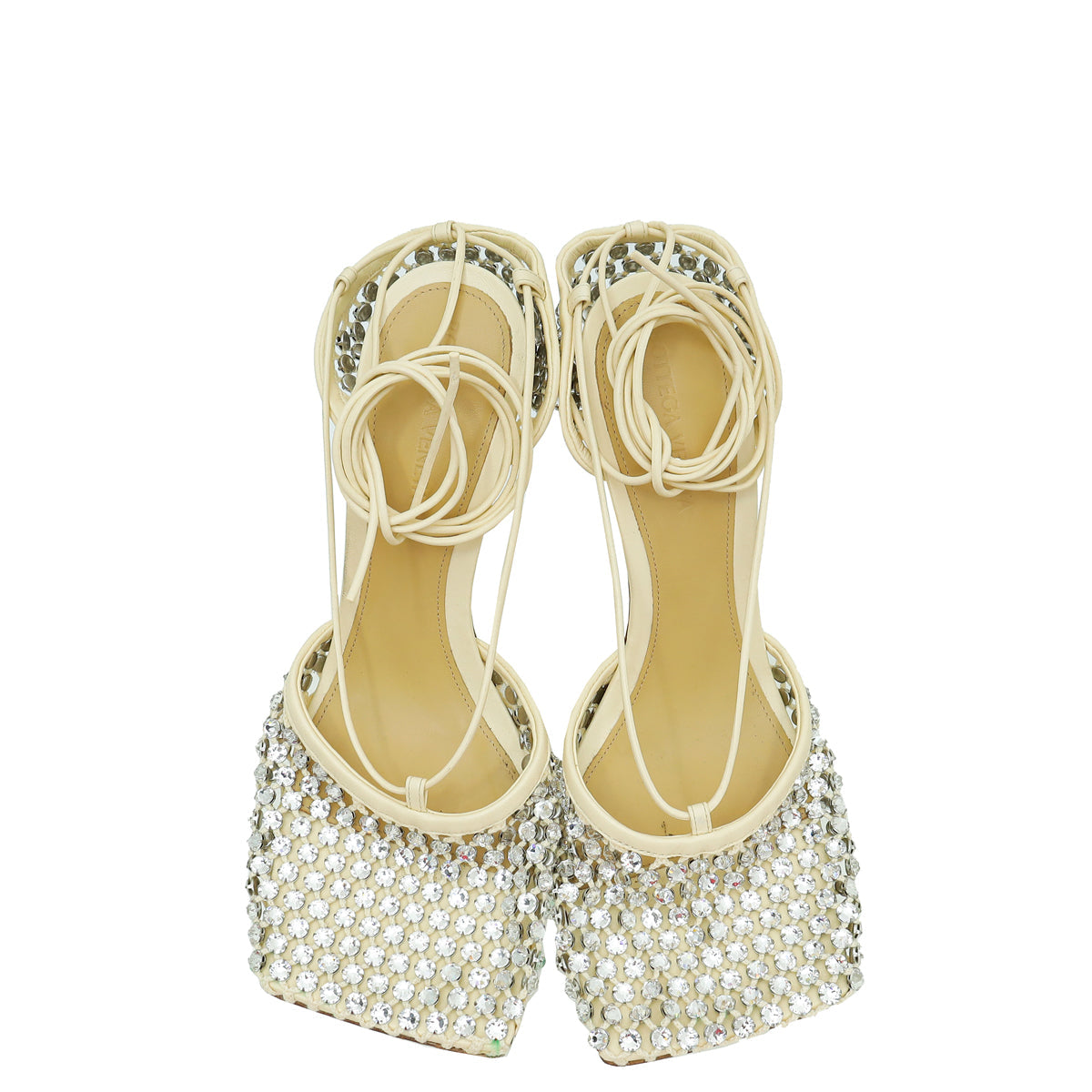 Bottega Veneta Toile Cream Sparkle Stretch Lace-Up Sandal 39