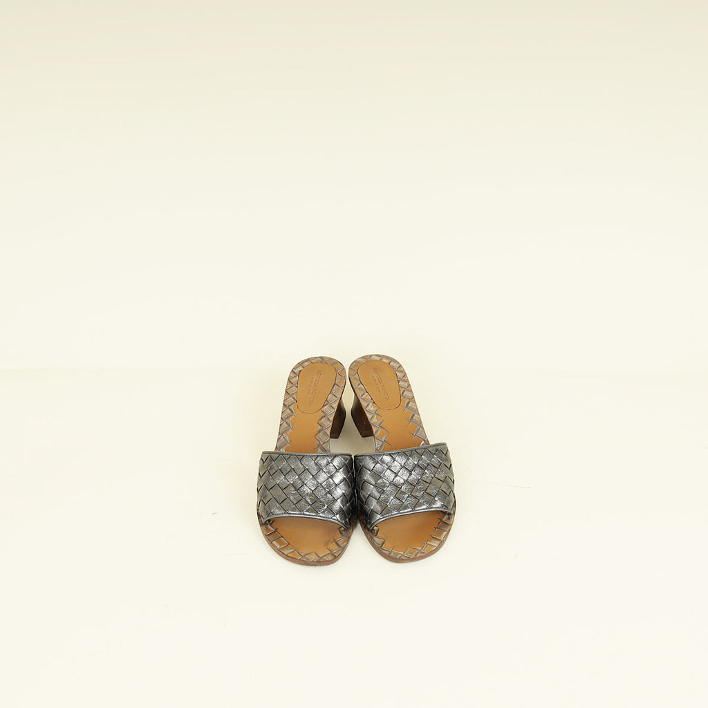 Bottega Veneta Metallic Dark Grey Ravello Heeled Sandal 35