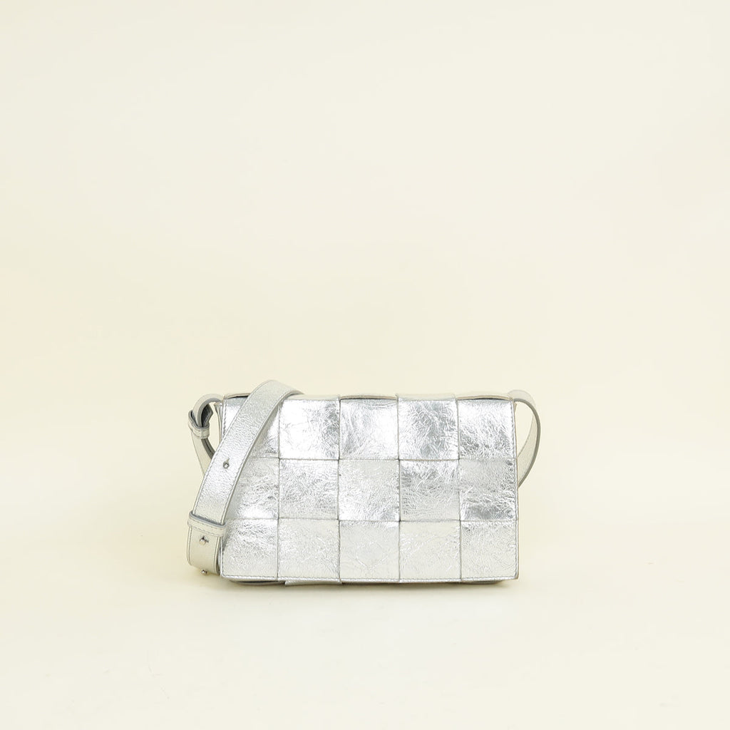 Bottega Veneta Metallic Silver Intreccio Cassette Shoulder Bag