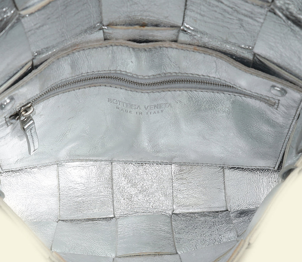 Bottega Veneta Metallic Silver Intreccio Cassette Shoulder Bag
