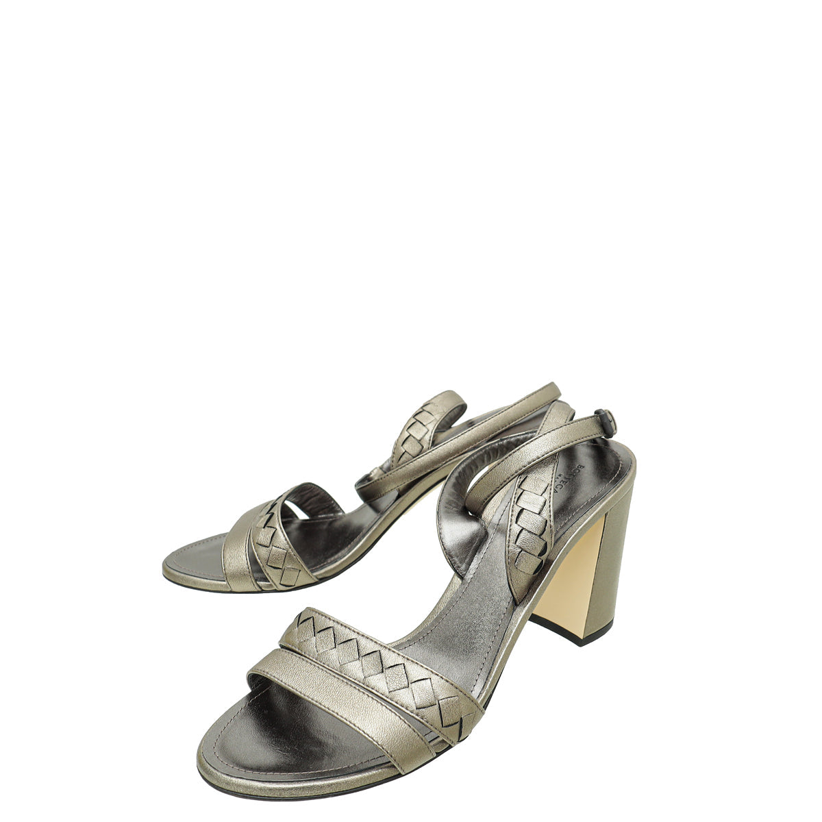 Bottega Veneta Metallic Olive Intrecciato Cross Ankle Strap Block Heeled Sandals 38.5