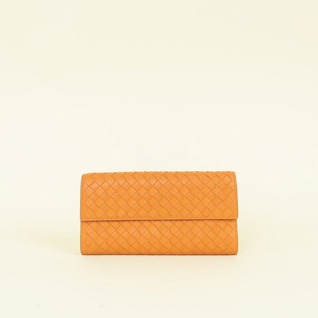 Bottega Veneta Orange Intrecciato Leather Flap Continental Wallet