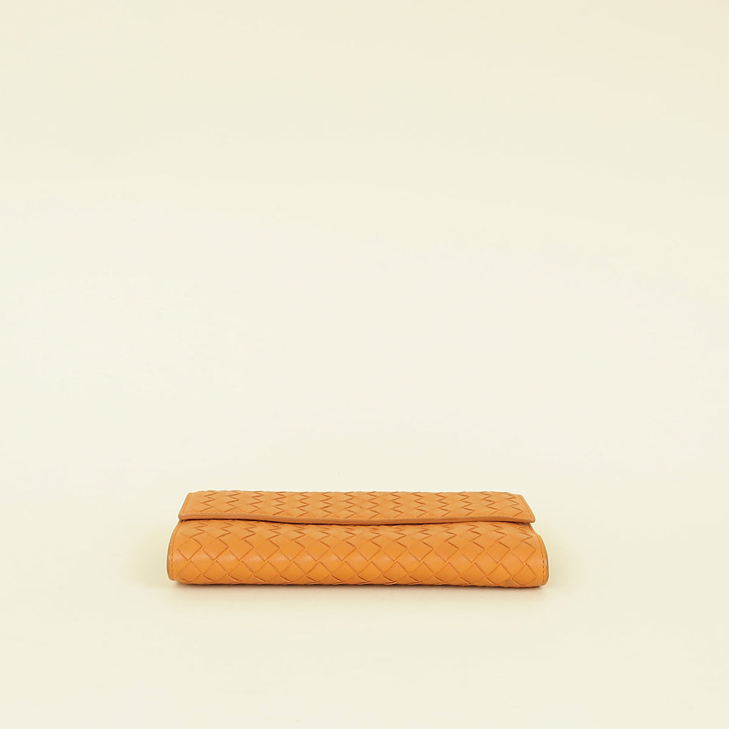 Bottega Veneta Orange Intrecciato Leather Flap Continental Wallet