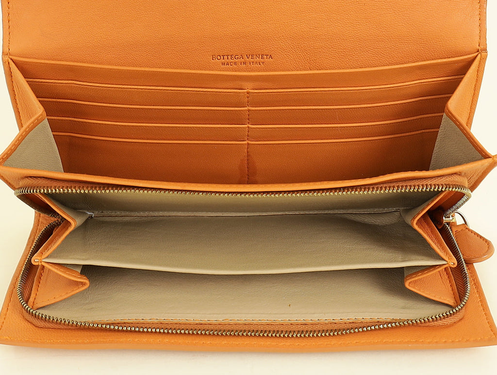 Bottega Veneta Orange Intrecciato Leather Flap Continental Wallet