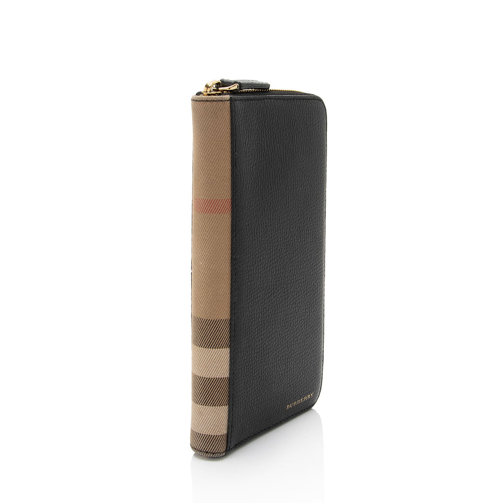 Burberry Calfskin House Check Renfrew Zip Around Wallet (SHF-B5VVSw)