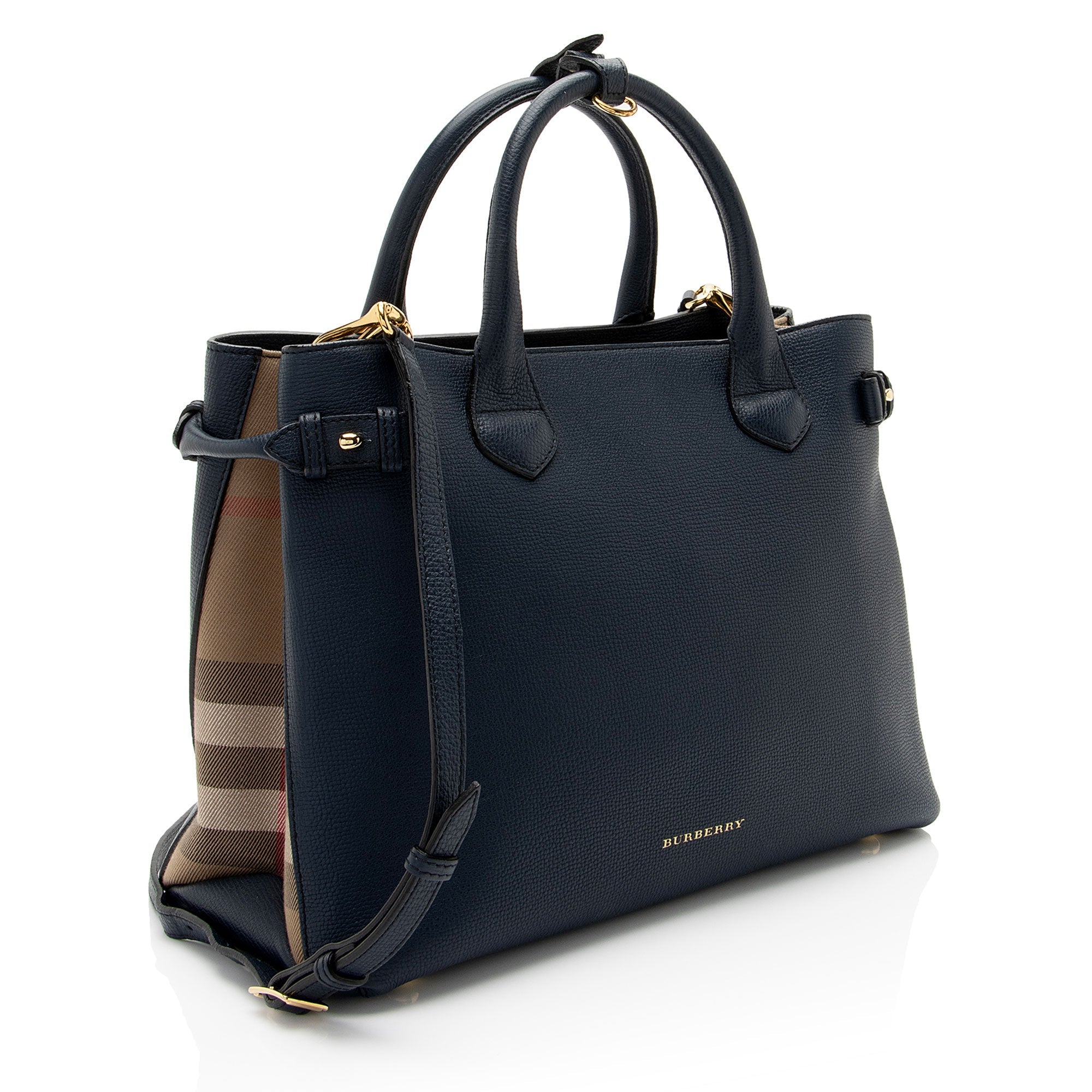 Burberry House Check Leather Banner Medium Tote (SHF-8z38Ea)