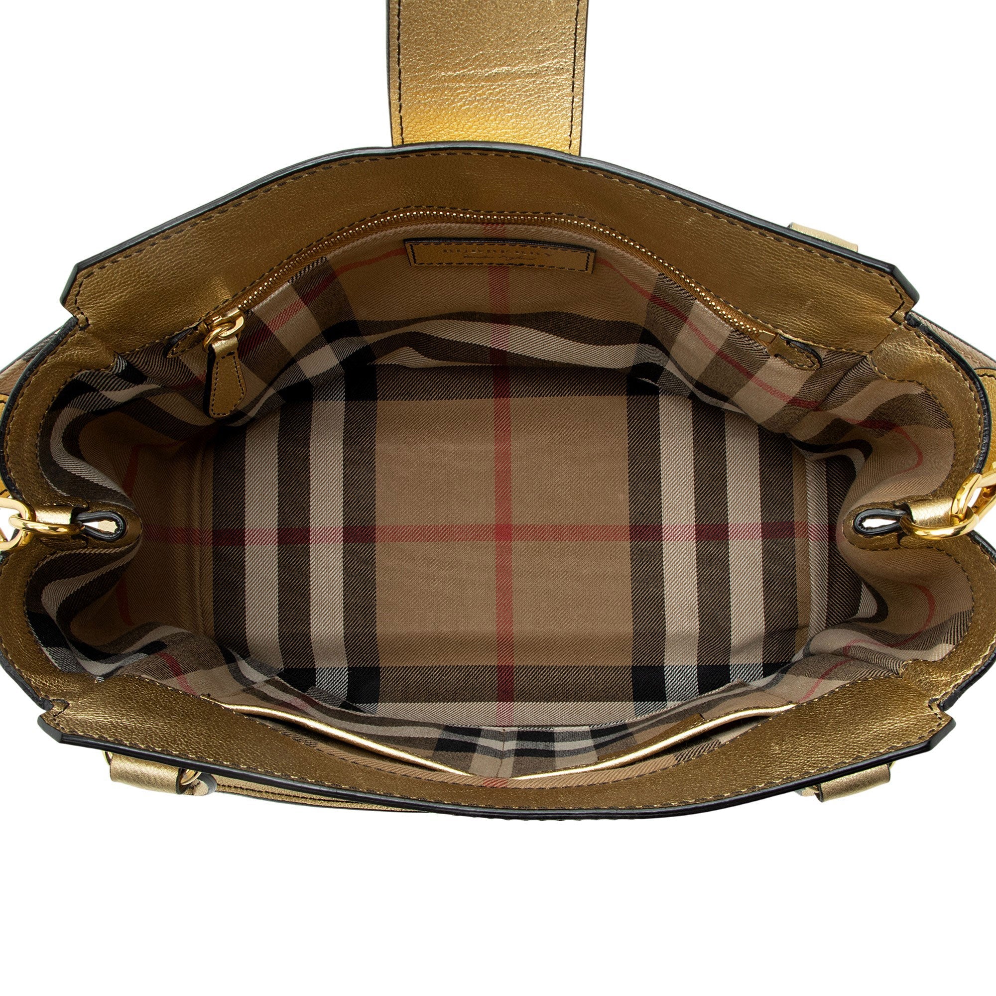 Burberry Metallic Soft Grain Calfskin Buckle Medium Tote