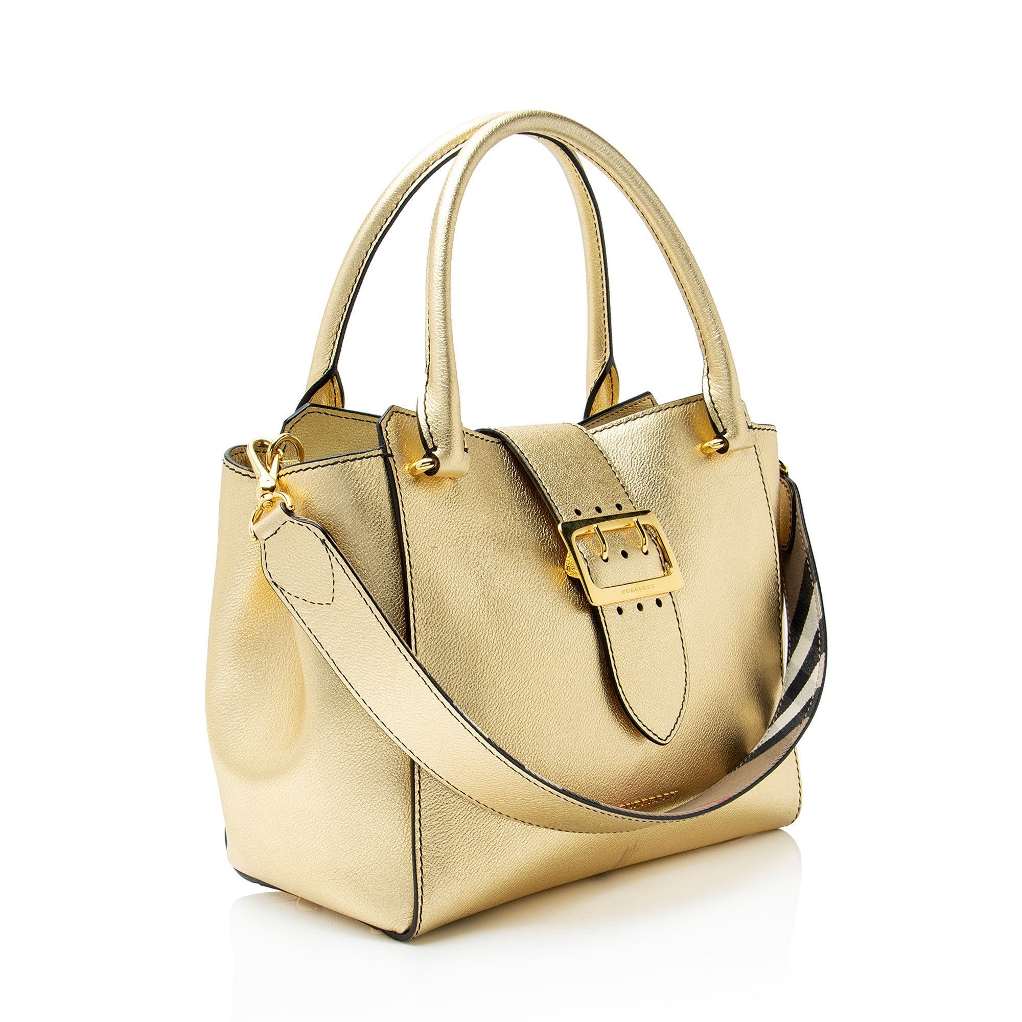 Burberry Metallic Soft Grain Calfskin Buckle Medium Tote