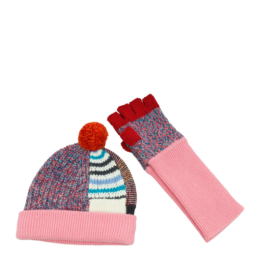 Burberry Pink Multicolor Patchwork Pom Pom Beanie & Fingerless Gloves