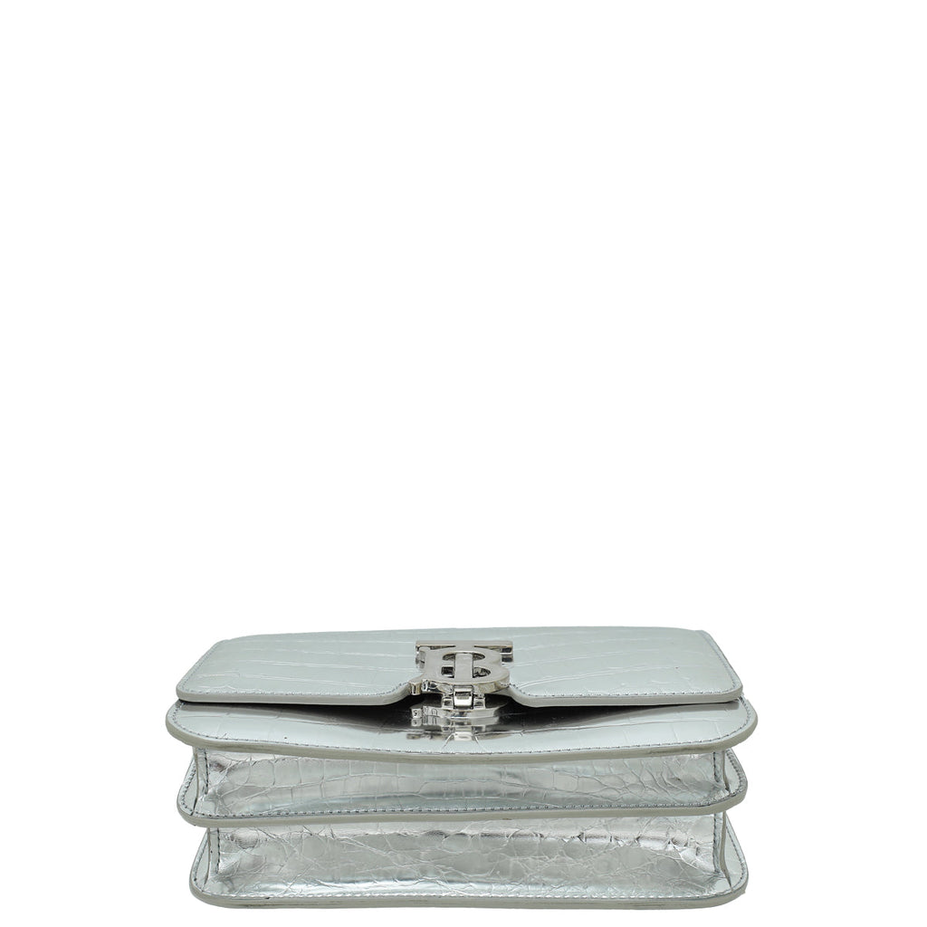 Burberry Silver TB Logo Croc Embossed Small Bag