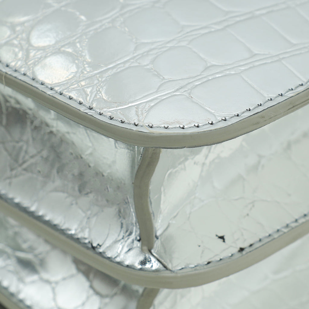 Burberry Silver TB Logo Croc Embossed Small Bag